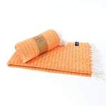 Turkish Towel, Beach Bath Towel, Moonessa Nairobi Series, Handwoven, Combed Natural Cotton, 470g, Orange-Yellow, roll & horizontal