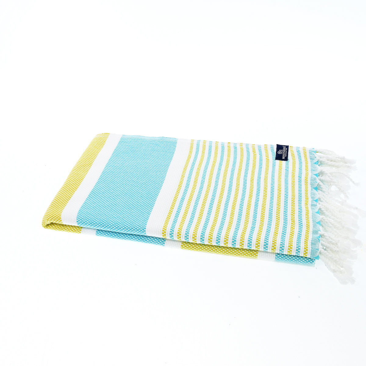 Turkish Towel, Beach Bath Towel, Moonessa Gold Coast Series, Handwoven, Combed Natural Cotton, 420g, Turquoise-Yellow, horizontal