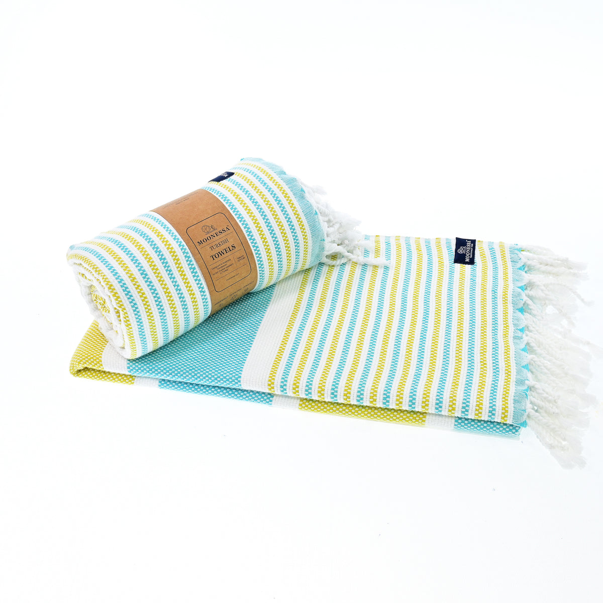 Turkish Towel, Beach Bath Towel, Moonessa Gold Coast Series, Handwoven, Combed Natural Cotton, 420g, Turquoise-Yellow, roll & horizontal