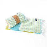 Turkish Towel, Beach Bath Towel, Moonessa Gold Coast Series, Handwoven, Combed Natural Cotton, 420g, Turquoise-Yellow, roll & horizontal