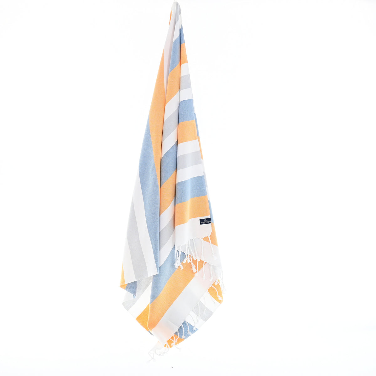 Turkish Towel, Beach Bath Towel, Moonessa Fremantle Series, Handwoven, Combed Natural Cotton, 340g, Orange-Blue-Grey, hanging