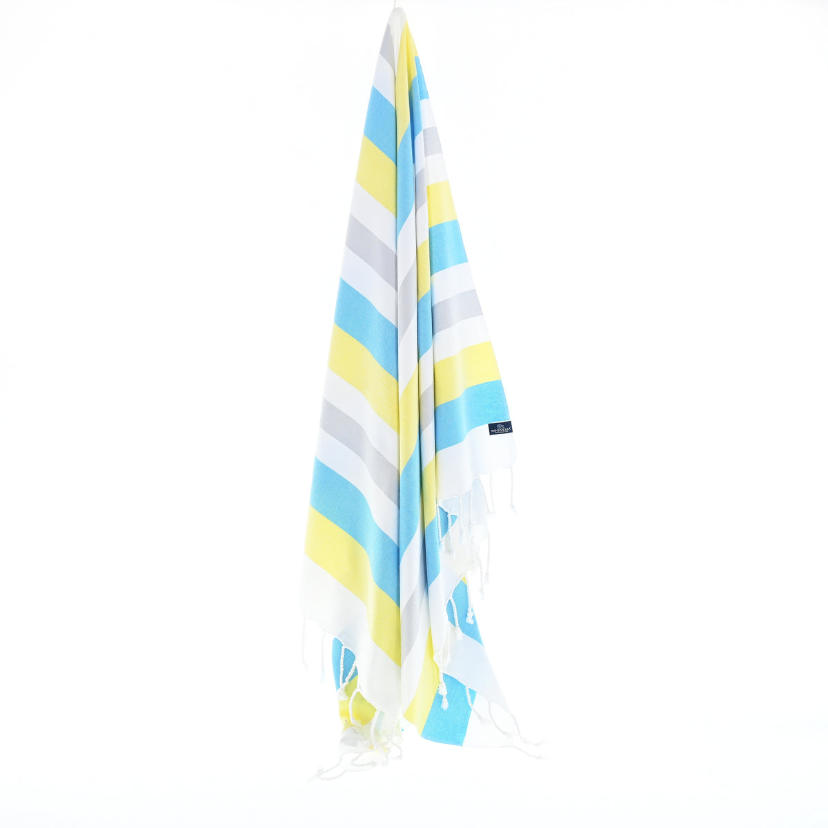 Turkish Towel, Beach Bath Towel, Moonessa Fremantle Series, Handwoven, Combed Natural Cotton, 340g, Turquoise-Yellow-Grey, hanging