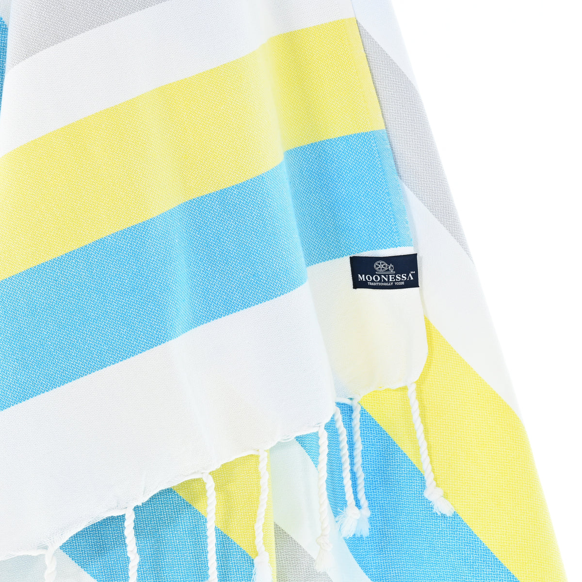 Turkish Towel, Beach Bath Towel, Moonessa Fremantle Series, Handwoven, Combed Natural Cotton, 340g, Turquoise-Yellow-Grey, hanging close-up