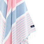 Turkish Towel, Beach Bath Towel, Moonessa Gold Coast Series, Handwoven, Combed Natural Cotton, 420g, Coral Blue-Pink, hanging close-up