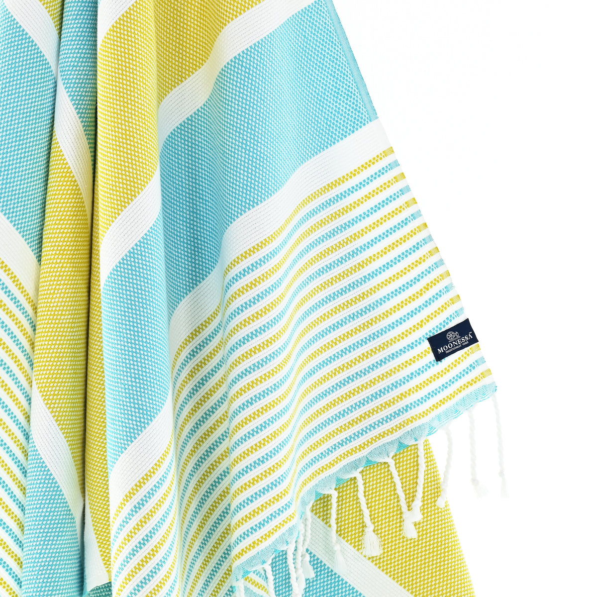 Turkish Towel, Beach Bath Towel, Moonessa Gold Coast Series, Handwoven, Combed Natural Cotton, 420g, Turquoise-Yellow, hanging close-up