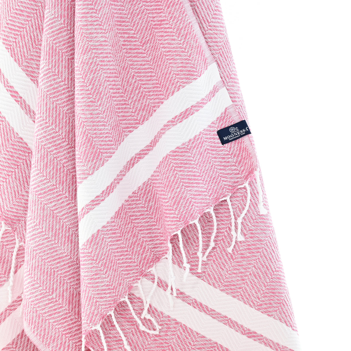 Turkish Towel, Beach Bath Towel, Moonessa Istanbul Series, Handwoven, Combed Natural Cotton, 490g, Rose Pink-White, hanging close-up