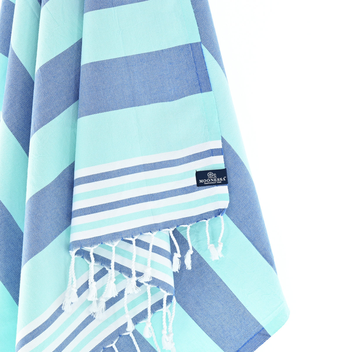 Turkish Towel, Beach Bath Towel, Moonessa Bondi Beach Series, Handwoven, Combed Natural Cotton, 330g,Navy-Mint, hanging close-up