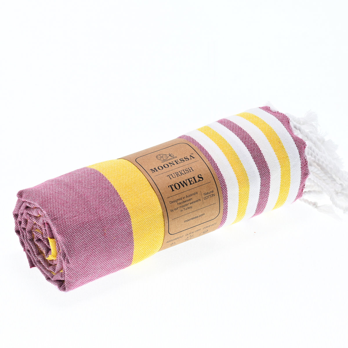 Turkish Towel, Beach Bath Towel, Moonessa Bondi Beach Series, Handwoven, Combed Natural Cotton, 330g, Damson-Yellow, roll