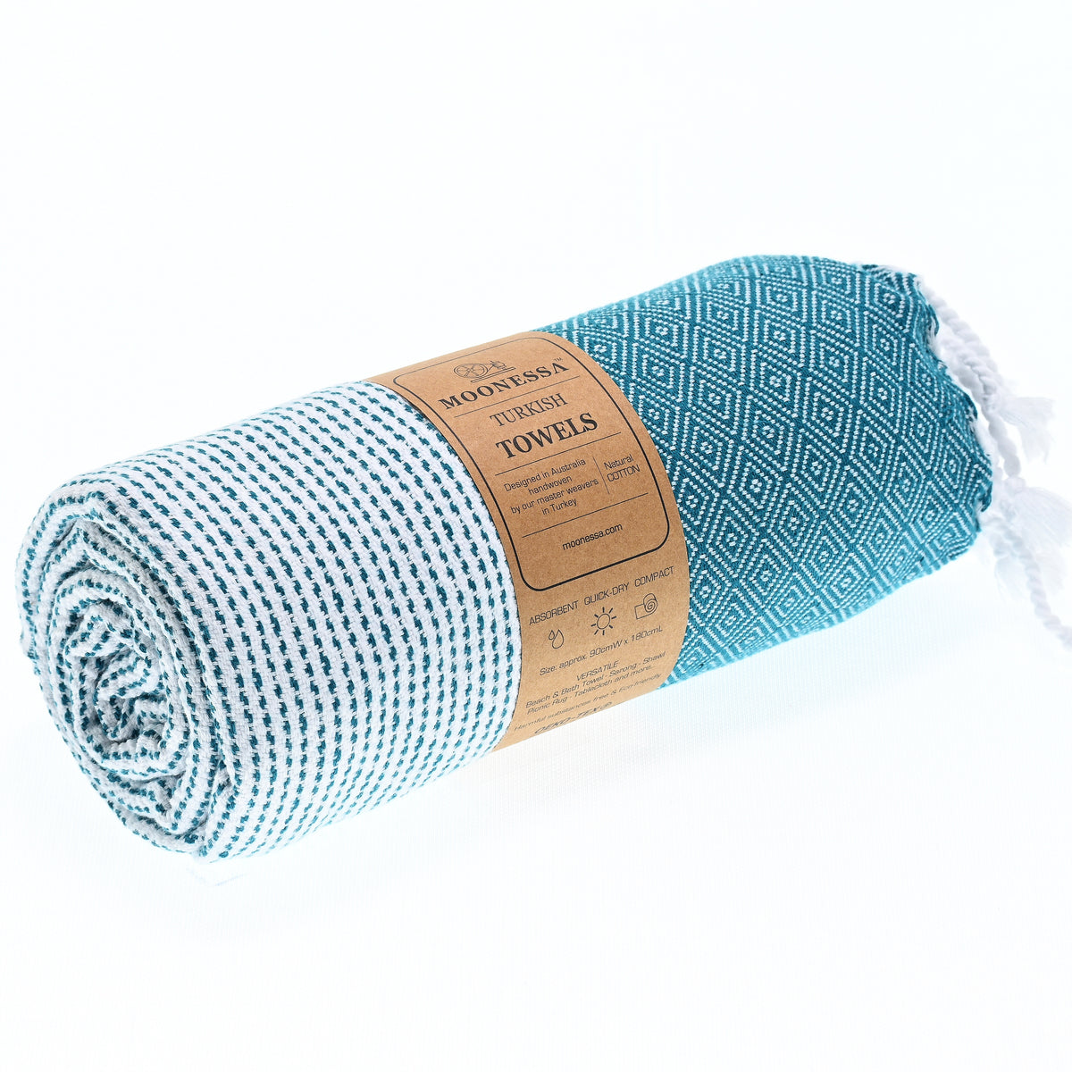 Turkish Towel, Beach Bath Towel, Moonessa Milan Series, Handwoven, Combed Natural Cotton, 410g, Teal, roll