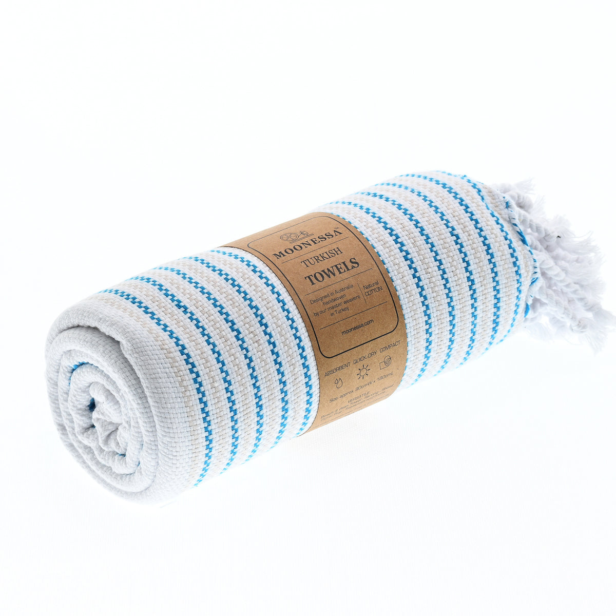 Turkish Towel, Beach Bath Towel, Moonessa Gold Coast Series, Handwoven, Combed Natural Cotton, 420g, Turquoise-Beige, roll